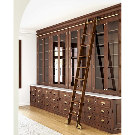 Quiet Glide 8.92 ft. Walnut Contemporary Wheel Brushed Satin Brass Rolling Hook Removable Ladder, 12 ft. Rail QG.540-9WA-12-H.06B