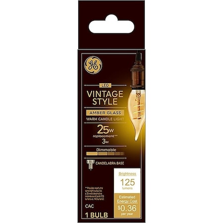 Ge Vintage Light Bulb, CAC Lamp, 25 W Equivalent, E12 Candelabra Lamp Base, Dimmable 36488