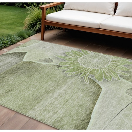 Homeroots 10' X 14' Artichoke Green And Gray Floral Washable Indoor Outdoor Area Rug 582235