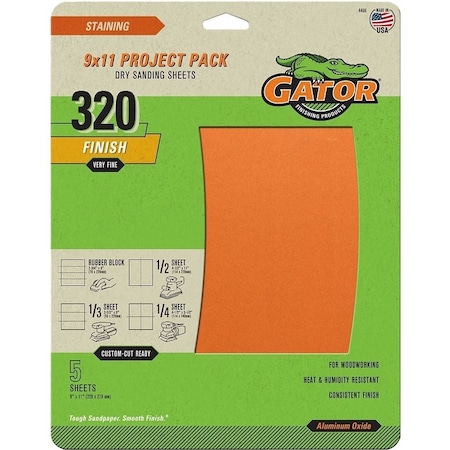 Gator Sanding Sheet, 11 in L, 9 in W, Very Fine, 320 Grit, Garnet Abrasive, Paper Backing 4466