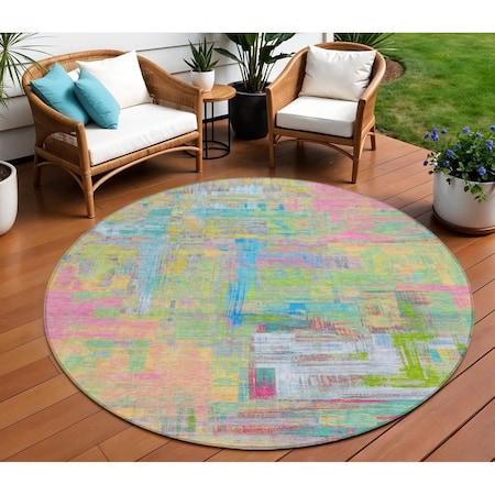 Homeroots 8' Pink Key Lime And Sky Blue Round Abstract Washable Indoor Outdoor Area Rug 609216