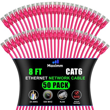Maximm Cat6 Ethernet Cable 8ft 10Gbps 550MHz UTP, 50PK, Pink, 50PK CAT6CCA-8PN50PK