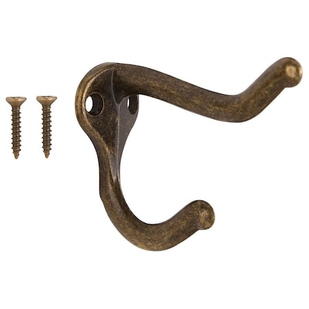 Prosource Coat and Hat Hook, 22 lb, 2-Hook, 1 in Opening, Zinc, Antique Brass H62-B071
