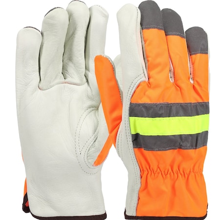 Pip Premium Grade Top Grain Cowhide Leather Drivers Glove w/Hi-Vis Fabric Back and 3M Scotchlite, 12PK HVO990K/XL