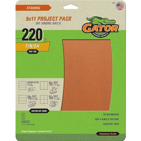 Gator Sanding Sheet, 11 in L, 9 in W, Extra Fine, 220 Grit, Garnet Abrasive, Paper Backing 4465