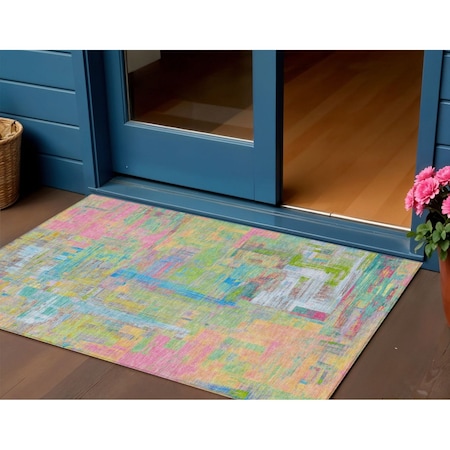 Homeroots 3' X 5' Pink Key Lime And Sky Blue Abstract Washable Indoor Outdoor Area Rug 609214