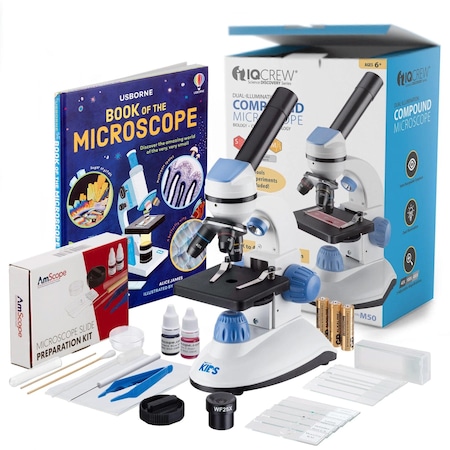 Amscope IQCrew by M50 Monocular Compound Microscope Blue 40X-1000X w/Dual Illumination, 5MP Digital Eyepie M50C-B14-WM-E5