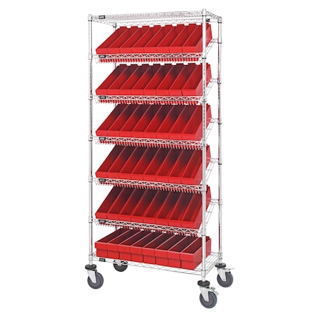 Quantum Storage Systems WIRE SHELVING UNIT W/48 RED BINS MOBILE MWRS-7-604RD