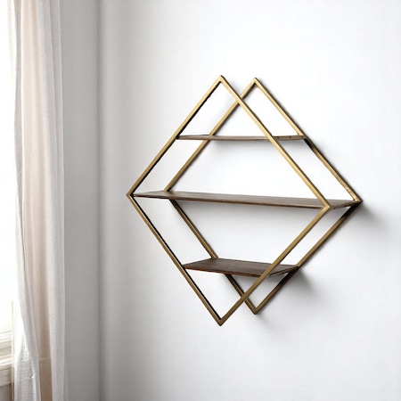 Homeroots 30" Antiqued Brass And Brown Metal And Solid Wood Diamond Shaped Accent Shelf 608663