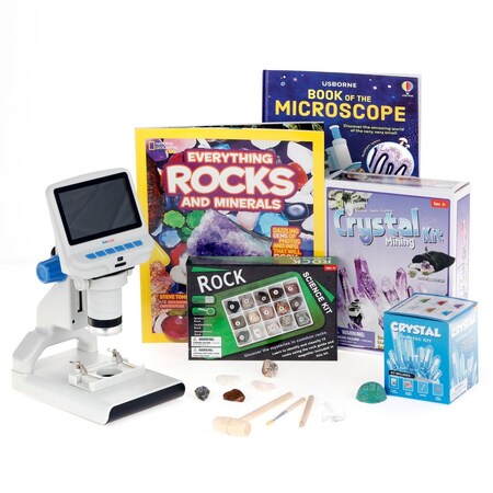 Amscope Kid's Natural Gemstone Discoverer Set featuring 1080P HD Portable LCD Digital Color Microscope, Ulti KVB-GEM-140-DIS