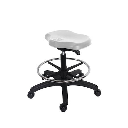 Blue Ridge Ergonomics Poly Ray Sit-Stand Stool-Medium Bench Height with Chrome Foot Ring & Casters in Gray Poly PRPMBSO-RG-CF-RC-GRY