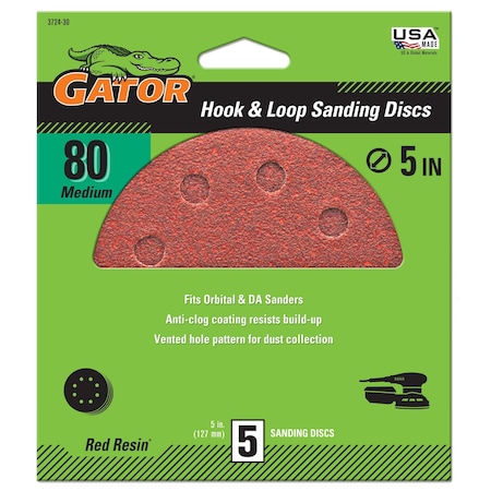 Gator Finishing Red Resin 5 in. Hook and Loop Sanding Discs, 80 Grit, Medium, 5PK 3724