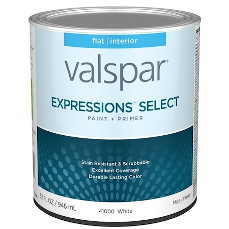 Valspar Expressions Select 4100 Latex Paint, Acrylic Base, Flat Sheen, White Base, 1 qt 028.0041000.005