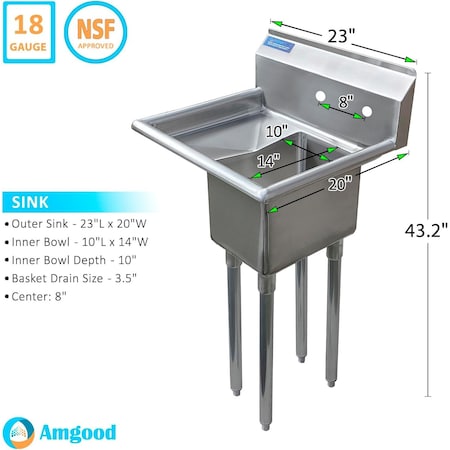 Amgood 23 in. x 20 in. Stainless Steel One Compartment Sink with 14 in. x 10 in. Bowl and 10 in. Left Drainboard SINK 101410-10L - NO FAUCET