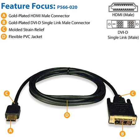 Tripp Lite 20FT HDMI TO DVI-D DIGITAL MONITOR ADAPTER VIDEO CONVERTER CABLE M/M 20FT P566-020
