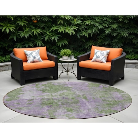 Homeroots 8' Green And Purple Round Abstract Washable Indoor Outdoor Area Rug 564274