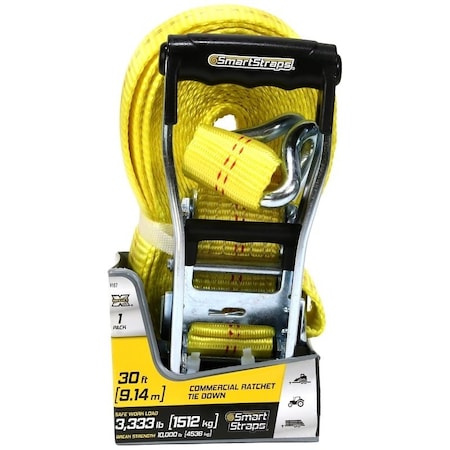 Smartstrap TieDown, 2 in W, 30 ft L, Polyethylene, Yellow, 3333 lb, JHook End Fitting, Steel End Fitting 167