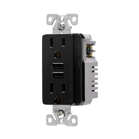 Eaton Wiring Devices Combination USB Charger with Duplex Receptacle, 2-Pole, 15 A, 125 V, 2-USB Port TR7765BK-KB-L