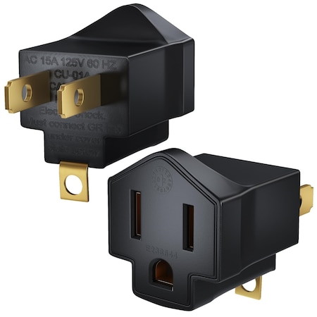 Maximm 2-Prong to 3-Prong Grounding Outlet Adapter Converter, 2PK, Black, 2PK AD-2-TO-3PR-BLACK-2PK