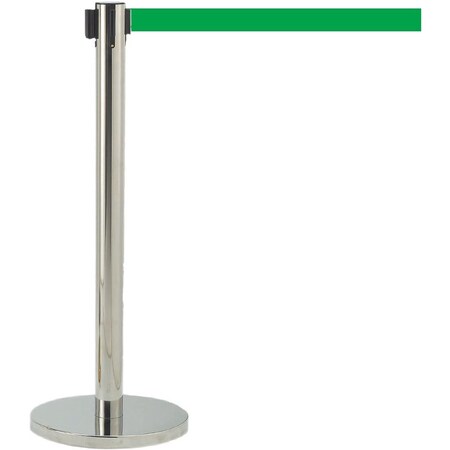 Retractable Belt Barrier, Chrome Finish/Green Belt, 7 ft Length, Chrome