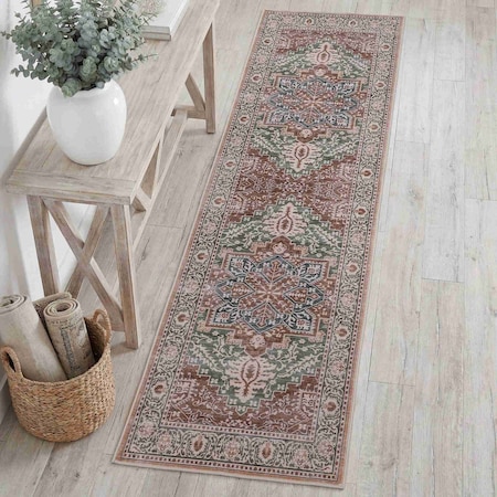 Jonathan Y Eleanor Vintage Medallion Border Non-Slip Machine-Washable Green/Brown 2 ft. x 8 ft. Runner Rug VOR100K-28