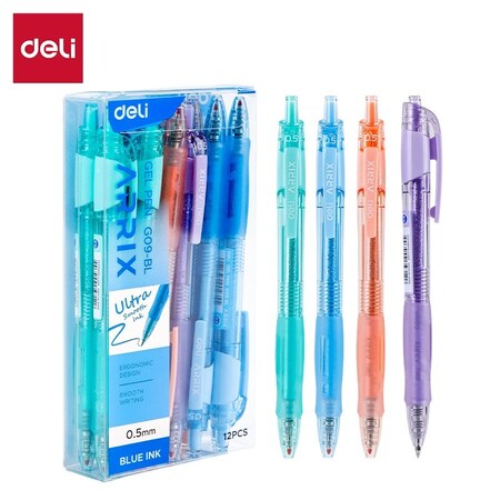Deli ARRI X Retractable Gel Pen 0.5mm, Blue Ink, Assorted Barrels, 12PK EG09-BL