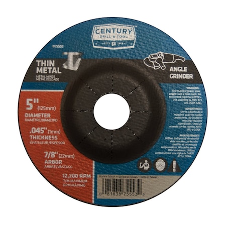 Century Drill & Tool Abrasive Cut-Off Wheel, Type 27A, 5 in Dia, 0.045 in Thick, 7/8 in Arbor Hole Size, Aluminum Oxide 75553