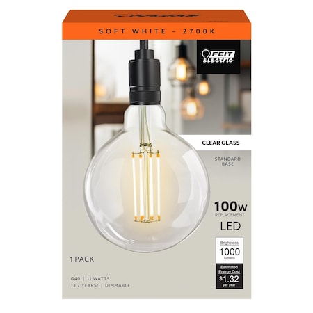 Feit G40 E26 (Medium) Filament LED Bulb Soft White 100 Watt Equivalence G40100/927CAFIL