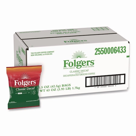 Folgers Coffee, Classic Roast Decaf, Fraction Pack, Decaffeinated, Ground, 4.62 lb, 42 PK 2550006433