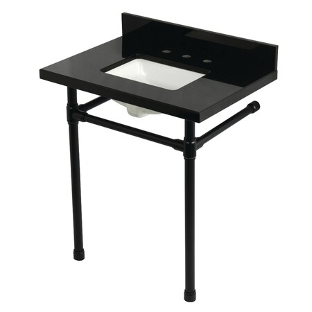 Kingston Brass 30" Black Granite Console Sink with Stainless Steel Legs, 8-Inch, 3-Hole, Black Granite/Matte Black KVPK30K8SQ0ST