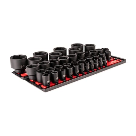 Tekton 1/2 Inch Drive Shallow 6-Point Impact Socket Set with Rails and Tray, 39-Piece (8 - 50 mm) SID92112