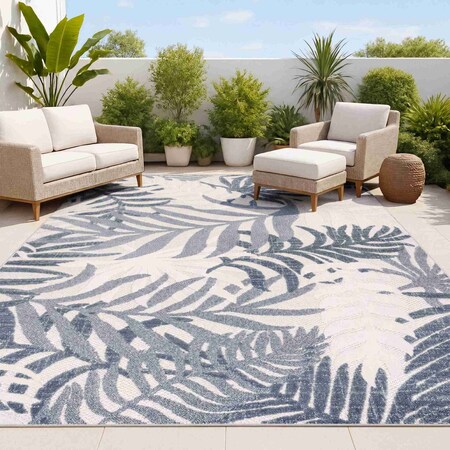 Jonathan Y Tropics Palm Leaves Cream/Dark Blue 4 ft. x 6 ft. Indoor/Outdoor Area Rug AMC100F-4