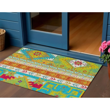 3' X 5' Teal Blue Green And Pink Aztec Washable Indoor Outdoor Area Rug