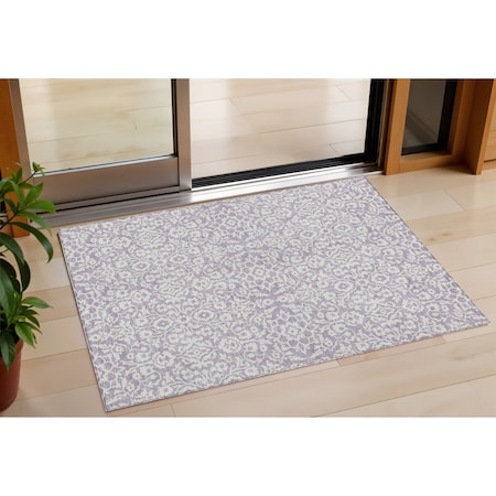 Homeroots 3' X 5' Lavender And Ivory Damask Washable Indoor Outdoor Area Rug 595163