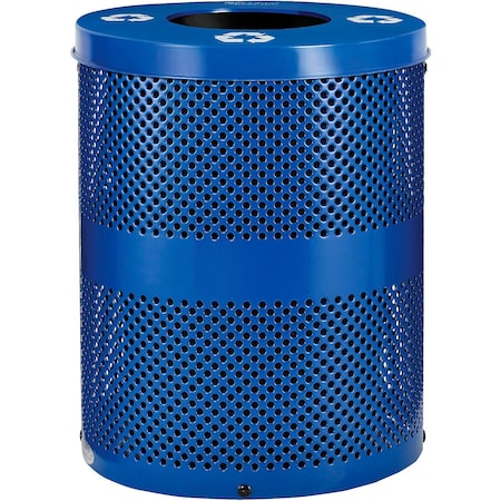 Global Industrial Outdoor Perforated Steel Recycling Trash Can, Flat Lid, 36 Gallon, Blue B3178679