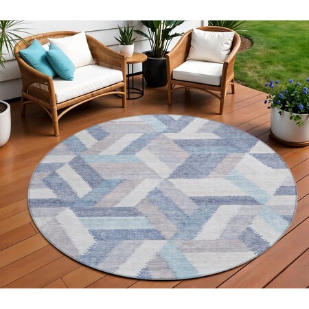 Homeroots 8' Denim Blue Round Geometric Washable Indoor Outdoor Area Rug 608060