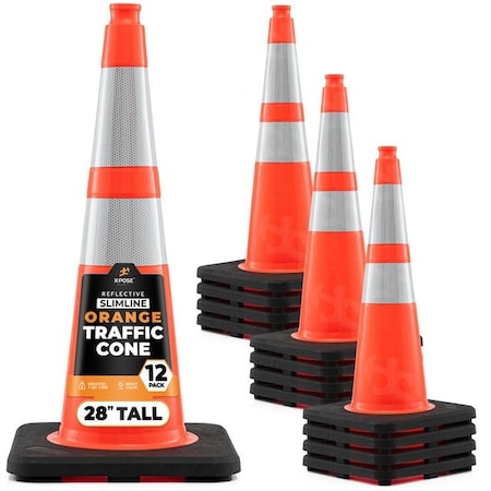 Xpose Safety Slim Line Traffic Safety Cone, 28 in, 6 in & 4 in Reflective Collar, DOT Approved, Orange, 12 pk OTC28SL-64-12-X