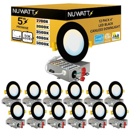Nuwatt 4 Inch Black Canless Recessed Lighting LED Wafer Lights, Wet Rated, 2700K-5000K, 630LM, 12PK NW-P-DL-4-9W-5CT-BLK-12P