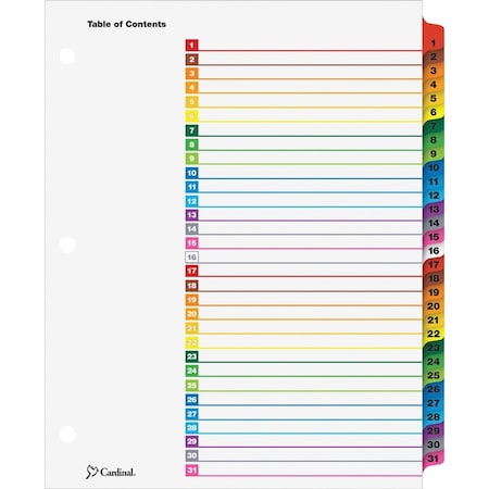 Cardinal Brands Cardinal OneStep Printable T.O.C. Divider, Printed 1 to 31, 9"x11", 31 Tabs, White/Multicolor 60118