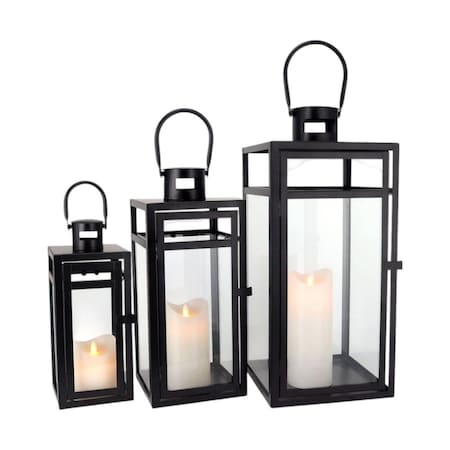 Homeroots Set of Three Clear And Black Glass And Stainless Steel Tabletop Lantern Candle Holders, 3PK 719760