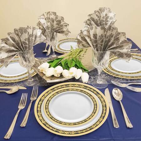 Smarty Had A Party White w/Black and Gold Royal Rim Plastic Dinnerware Set (120 Dinner Plates+120 Salad Plates), 240PK 970BGVP-CASE