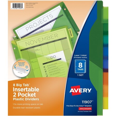 Avery Plastic Two-Pocket Insertable Dividers, Assorted, 8 Tabs/Set 11907