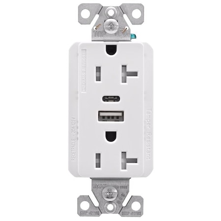 Eaton Wiring Devices TRUSBAC20 Receptacle, 2 Pole, 5 A, 125 VAC, 2 USB Port, Type A, C USB, White TRUSBAC20W-K-L
