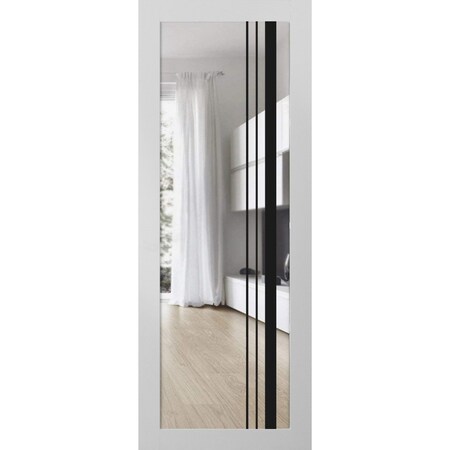 Sartodoors Slab Barn Door Panel Clear Glass, Lucia 2566 White Silk and Aluminum Strips, Sturdy Finished Doors LUCIA2566S-WS-28 x 80