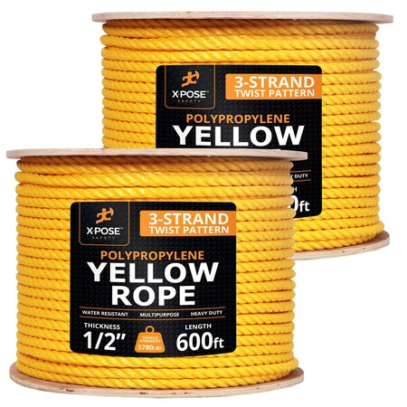 Xpose Safety 1/2in x 600 ft Twisted Polypropylene Rope, Yellow, 2PK YPR12-600-2-X