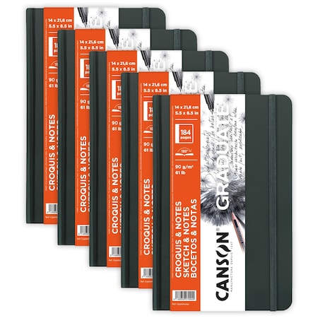 Canson Graduate Sketch & Notes Art Book, Dark Gray, Hard Cover Binding, 92 Sheet, 5.5x8.5 inch, 5PK C31200L042