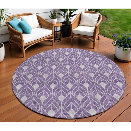 Homeroots 8' Purple And Ivory Round Geometric Washable Indoor Outdoor Area Rug 596059