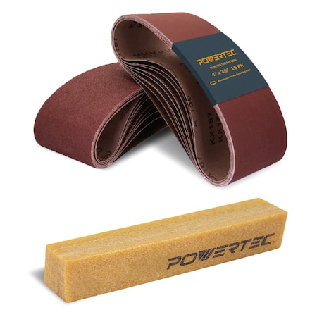 Powertec Sanding Belt Assortment, 4in x 36in, 3 EA of 40/80/120/150/240 Grit, 15PK & Abrasive Cleaning Stick 11011-6N