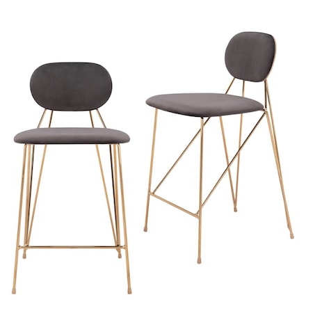 Homeroots Set of Two 26" Gray and Gold Velvet and Steel Low Back Counter Height Bar Chairs, 2PK 555741