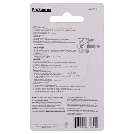 Prosource Door Viewer, 200 deg Viewing, 1-3/8 to 1-3/4 in Thick Door, Solid Brass, Brass LR-002BB-PS